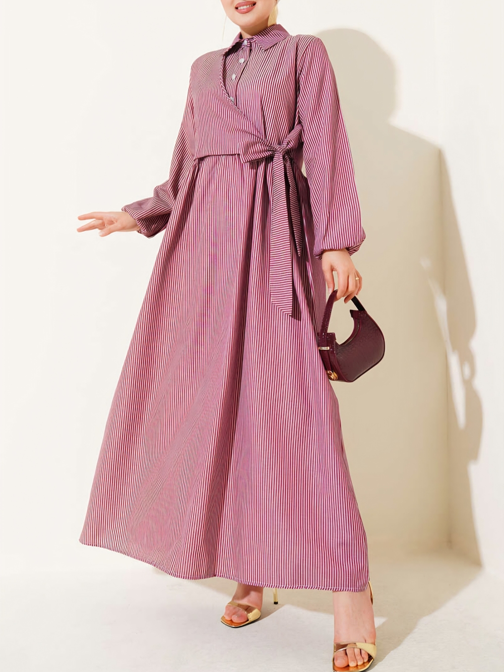 Modest Striped Wrap-Tie Maxi Shirt Dress – Burgundy